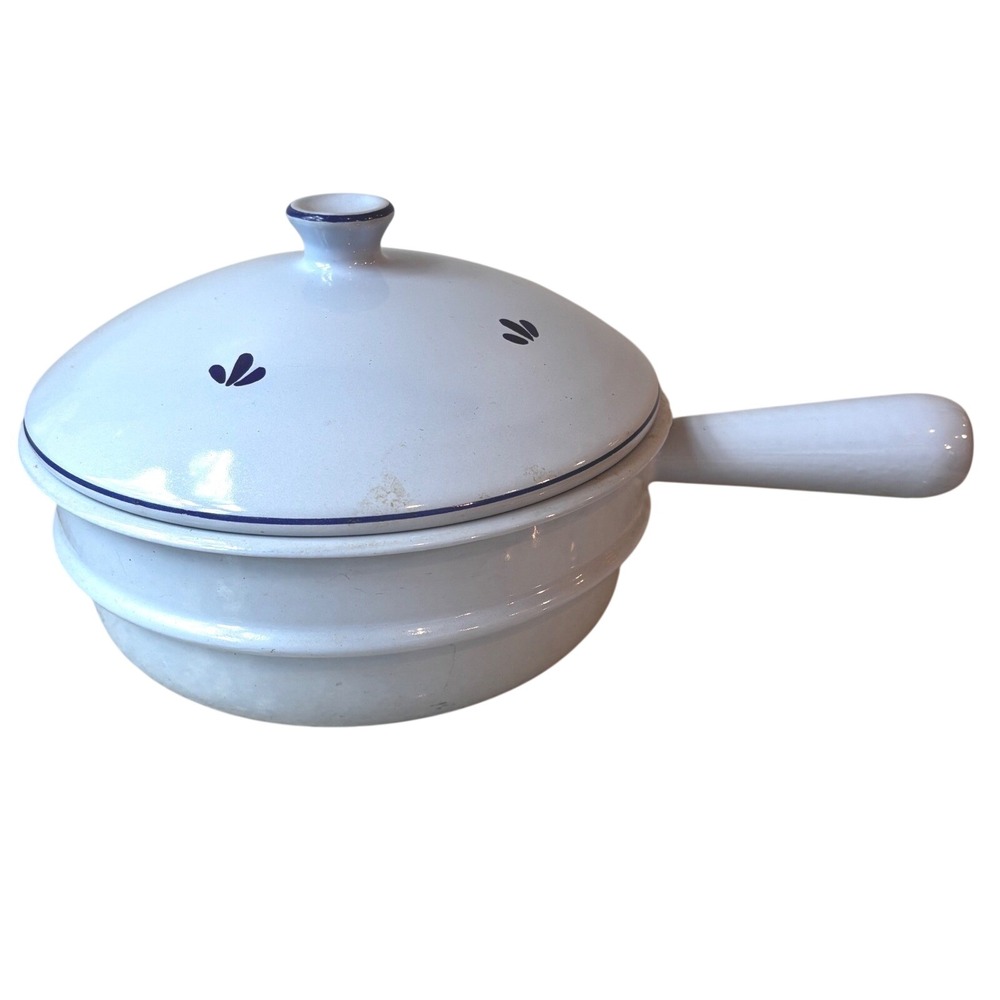 Vintage DRU Holland Enamel Cast Iron Saucepan with Lid Light Blue Floral 7.5 in